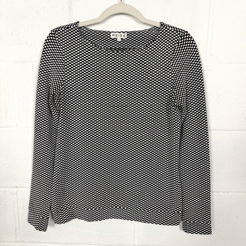 Reiss Womens Long Sleeve Top Size S Black White Honeycomb Stretch Career Classic